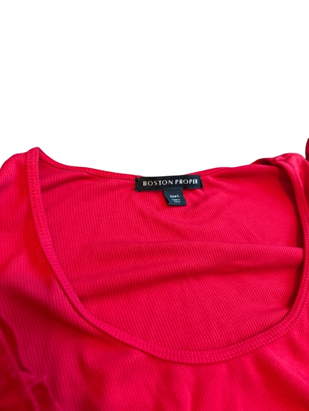 Boston Proper Ruffle Knit Rib Ruched Dress Bold Red Stretch Fitted Size Large - Picture 3 of 12